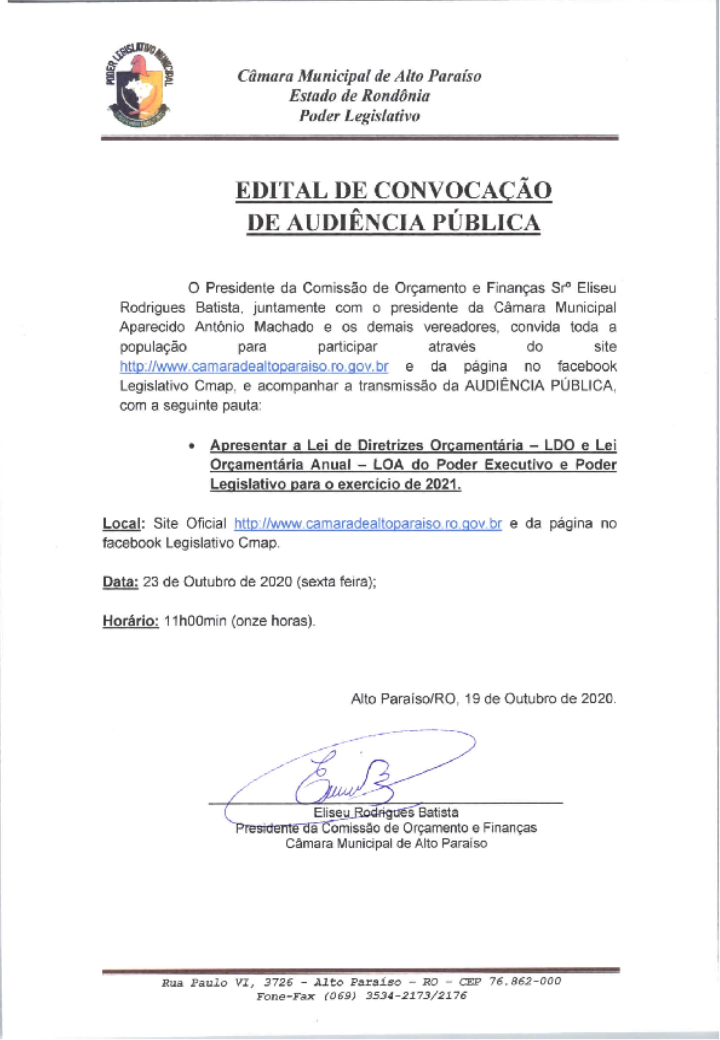 Audiência Pública dia 23 de outubro